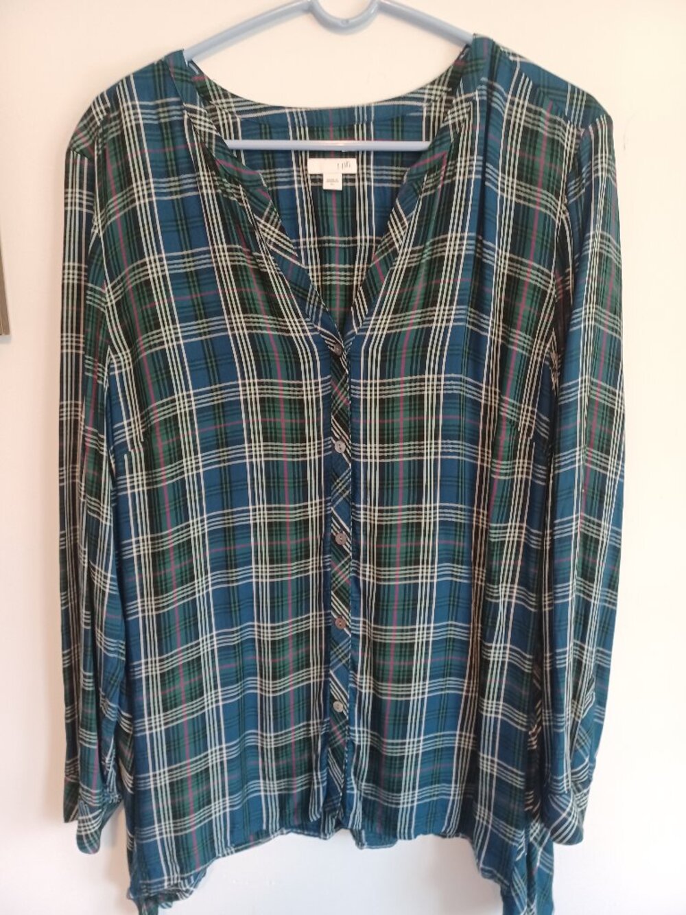 J Jill Women's Plaid V Neck Top Blouse Size XL